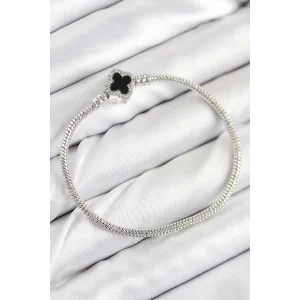 Pirinç Charm Zirkon Taşlı Yonca Model Gümüş Renk Kadın Bileklik