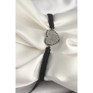 Pirinç Füme Renk Zirkon Taşlı Kalp Figür Asansörlü Makrome Model Kadın Bileklik