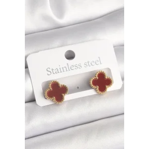 Pirinç Gold Renk Bordo Yonca Model Kadın Küpe