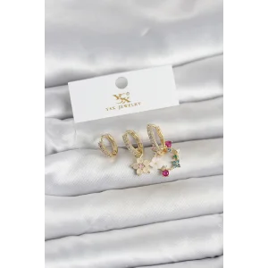 Pirinç Gold Renk Çiçek Model 3lü Kadın Küpe