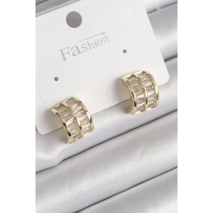 Pirinç Gold Renk Çift Sıra Zirkon Taşlı Kadın Küpe