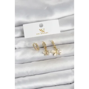 Pirinç Gold Renk Kelebek Model 3lü Kadın Küpe