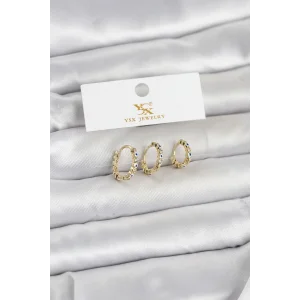 Pirinç Gold Renk Nazarlı Model 3lü Kadın Küpe