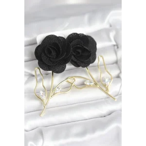 Pirinç Gold Renk Siyah Gül Model Kadın Küpe