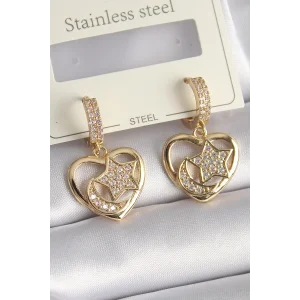 Pirinç Gold Renk Zirkon Taşlı Kalp Model Ay Yıldız İşleme Kadın Küpe