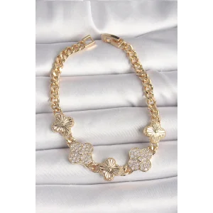 Pirinç Gold Renk Zirkon Taşlı Yonca Model Kadın Bileklik