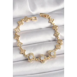 Pirinç Gold Renk Zirkon Taşlı Yonca Model Kadın Bileklik