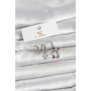 Pirinç Gümüş Renk Çiçek Model 3lü Kadın Küpe