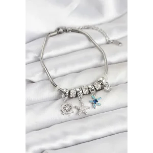 Pirinç Gümüş Renk Deniz Tema Charmlı Kadın Bileklik