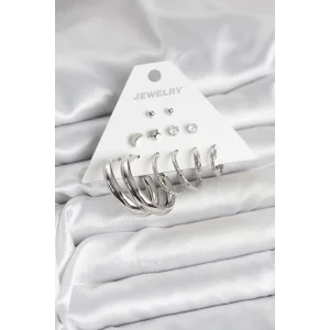 Pirinç Gümüş Renk Halka Modelli 6 Çift Kadın Küpe