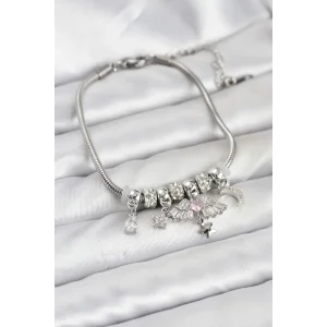 Pirinç Gümüş Renk Kanatlı Charmlı Kadın Bileklik