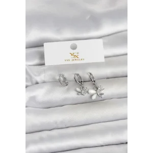 Pirinç Gümüş Renk Kelebek Model 3lü Kadın Küpe