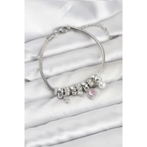 Pirinç Gümüş Renk Pembe Kalp Charmlı Kadın Bileklik