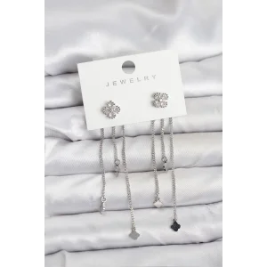 Pirinç Gümüş Renk Yonca Model Sallantılı Kadın Küpe