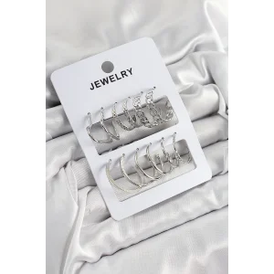 Pirinç Karışık Halka Model Gümüş Renk 6 Çift Kadın Küpe Set