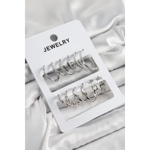 Pirinç Karışık Halka Model Gümüş Renk 6 Çift Kadın Küpe Set