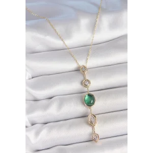 Pirinç Zincir Zümrüt Yeşil Gold Renk Zirkon Taşlı Y Kolye