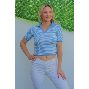 Polo Yaka Çizgili Tişört Mavi - 140.055