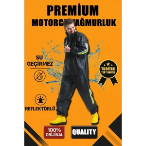 Premium Motorcu Kurye Yağmurluk Takım Su Geçirmez PVC Kumaş Reflektörlü TÜBİTAK Onaylı - Siyah