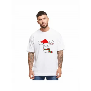 Yılbaşı Tişört Ren Geyiği baskılı Noel İçin T-shirt - Beyaz