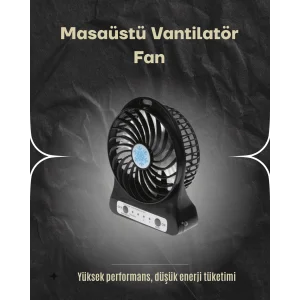 Şarjlı USB Fan – Masaüstü Mini Vantilatör, Taşınabilir, Işıklı, 3 Kademeli, Sessiz