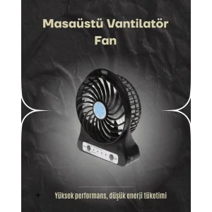 Şarjlı USB Fan – Masaüstü Mini Vantilatör, Taşınabilir, Işıklı, 3 Kademeli, Sessiz