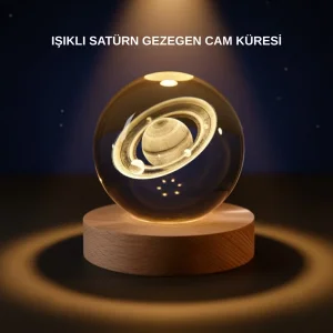 Satürn Desenli Kristal Küre LED Gece Lambası Ahşap Standlı