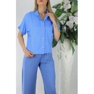 Sedef Düğmeli Krep Gömlek Mavi - 1288.65