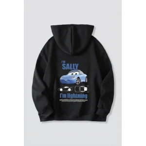 Sevgililer Günü Özel Kapüşonlu Araba Baskılı Oversize Sweatshirt - Siyah