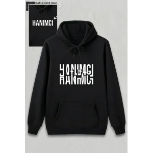 Sevgililer Günü Özel Kapüşonlu Hanımcı Baskılı Oversize Sweatshirt - Siyah