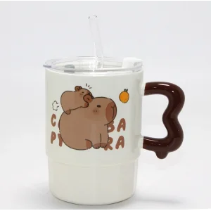 Sevimli Capybara Figürlü Kapaklı Porselen Kupa Bardak