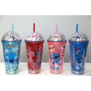 Sevimli Stitch Pipetli Işıklı Pullu Suluk Bardak 400 ml