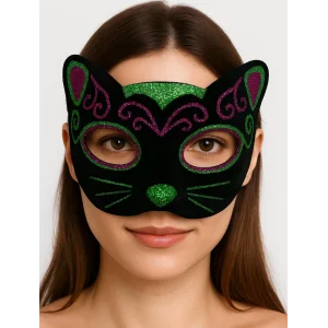 Siyah Kadife Kaplama Üzeri Pembe Yeşil Sim İşlemeli Kedi Maskesi 20x13 Cm