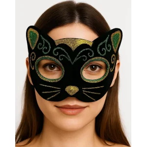 Siyah Kadife Kaplama Üzeri Sarı Yeşil Sim İşlemeli Kedi Maskesi 20x13 Cm