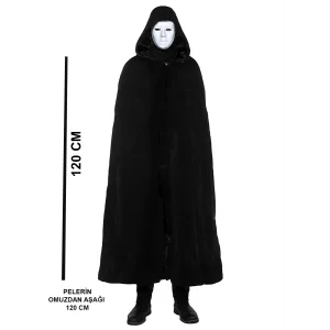 Siyah Kapüşonlu 120 cm Pelerin ve Beyaz Boyanabilir Tam Yüz Maske
