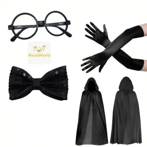 Siyah Kapüşonlu Büyücü ve Cadı Pelerin Kostüm Seti (4 Parça)
