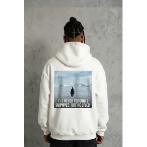 Erkek Survivor Penguin Baskılı 3 İplik Pamuklu Kapüşonlu Sweatshirt Hoodie Beyaz