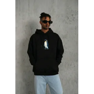 Erkek Survivor Penguin Baskılı 3 İplik Pamuklu Kapüşonlu Sweatshirt Hoodie Siyah