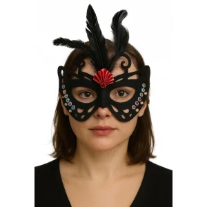 Siyah Renk Siyah Süet Kaplama Tüylü Kelebek Figür Parti Maskesi 24x18 Cm