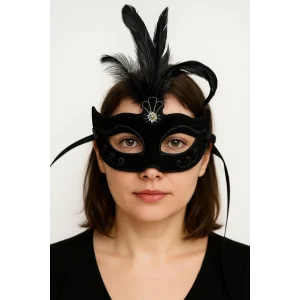 Siyah Renk Tüylü Siyah Süet Kaplama Parti Balo Maskesi 20x16 Cm