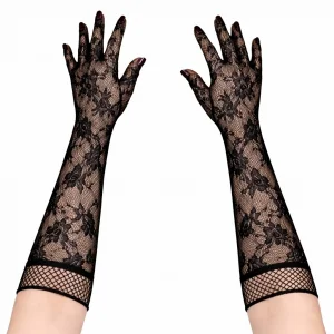 Siyah Uzun Gül Desenli Dantel Kadın Eldiveni