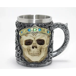 Taçlı Kurukafa Kralı 3D Kabartmalı Çelik Kupa Bardak