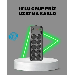 Termal Akım Korumalı 10’lu Grup Priz USB Type-C Hızlı Şarj 2500W 2m Kablo