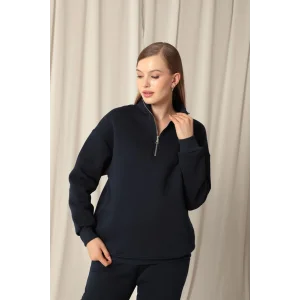 Üç İplik Dik Yaka Yarım Fermuarlı Kadın Lacivert Sweat