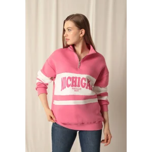 Üç İplik Michigan Baskılı Fermuarlı Kadın Pembe Sweat
