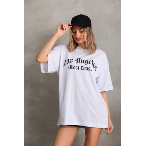 Kadın Baskılı Oversize T-Shirt - Beyaz