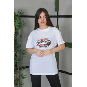 Kadın Baskılı Oversize T-Shirt - Beyaz