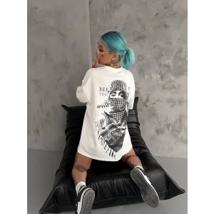 Kadın Baskılı Oversize T-Shirt - Beyaz