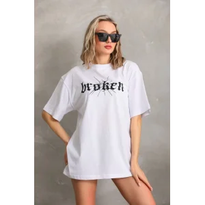 Kadın Baskılı Oversize T-Shirt - Beyaz