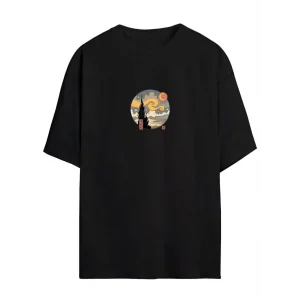 Unisex Baskılı Oversize T-Shirt - Siyah